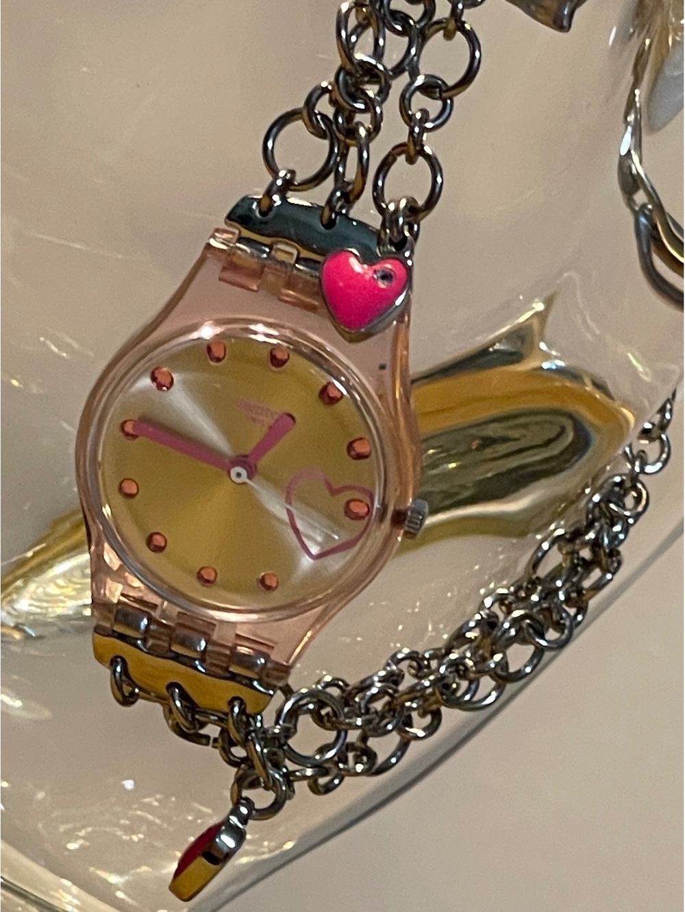 Vintage Swatch LP129G Pink Heart Charm Bracelet Watch